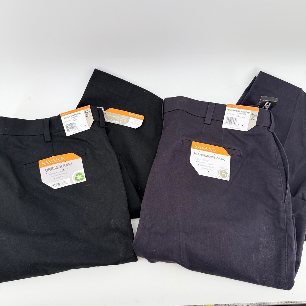 Lot of 2 Savane 40x30 Straight Fit Chino Pants Black Caviar & Classic Navy NEW
